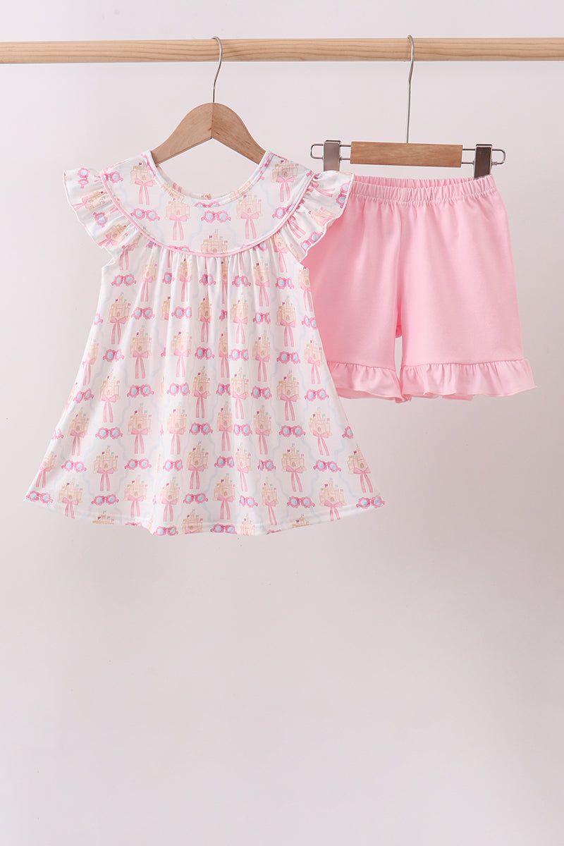 Pink bow castle ruffle shorts set - ARIA KIDS