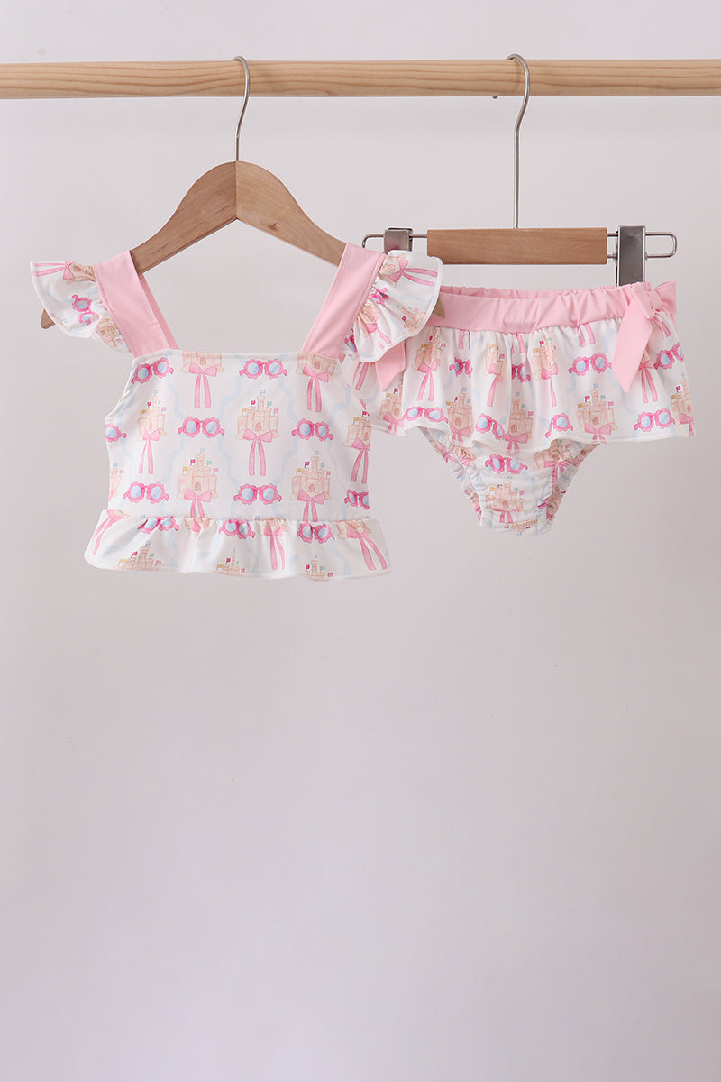 Pink bow castle ruffle 2pc swimsuit - ARIA KIDS