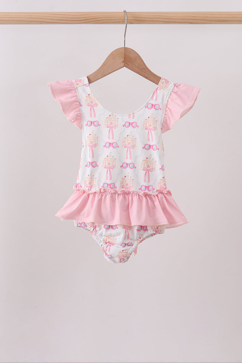 Pink bow castle ruffle one-piece swimsuit - ARIA KIDS