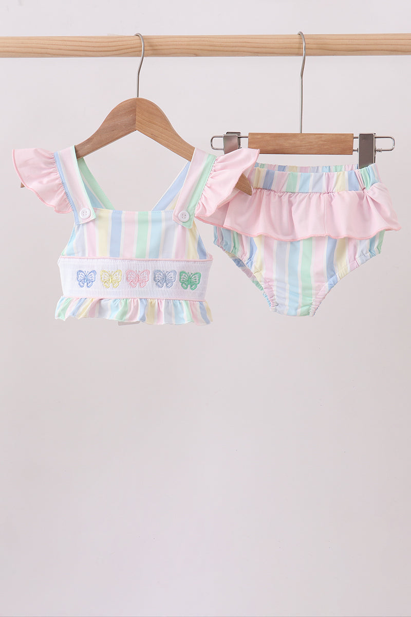 Rainbow stripe butterfly smocked ruffle 2pc swimsuit - ARIA KIDS
