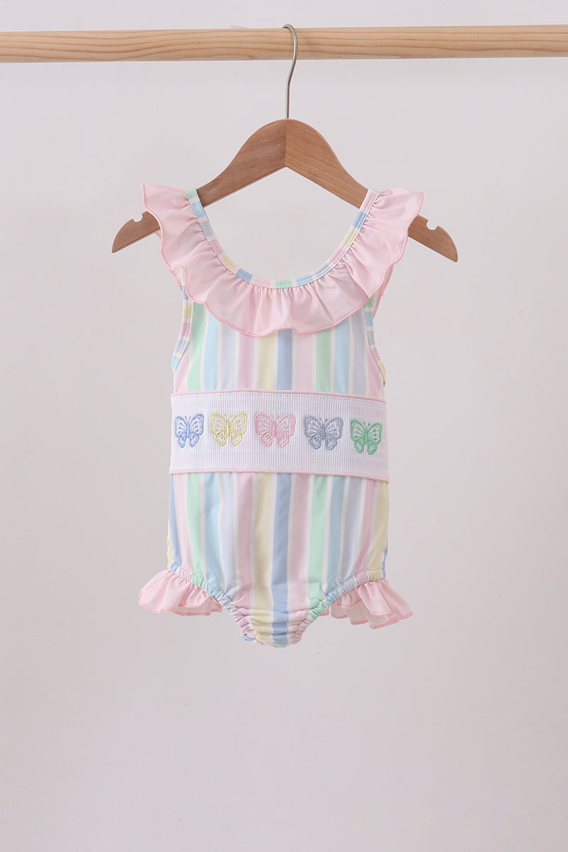 Rainbow stripe butterfly smocked ruffle one-piece swimsuit - ARIA KIDS