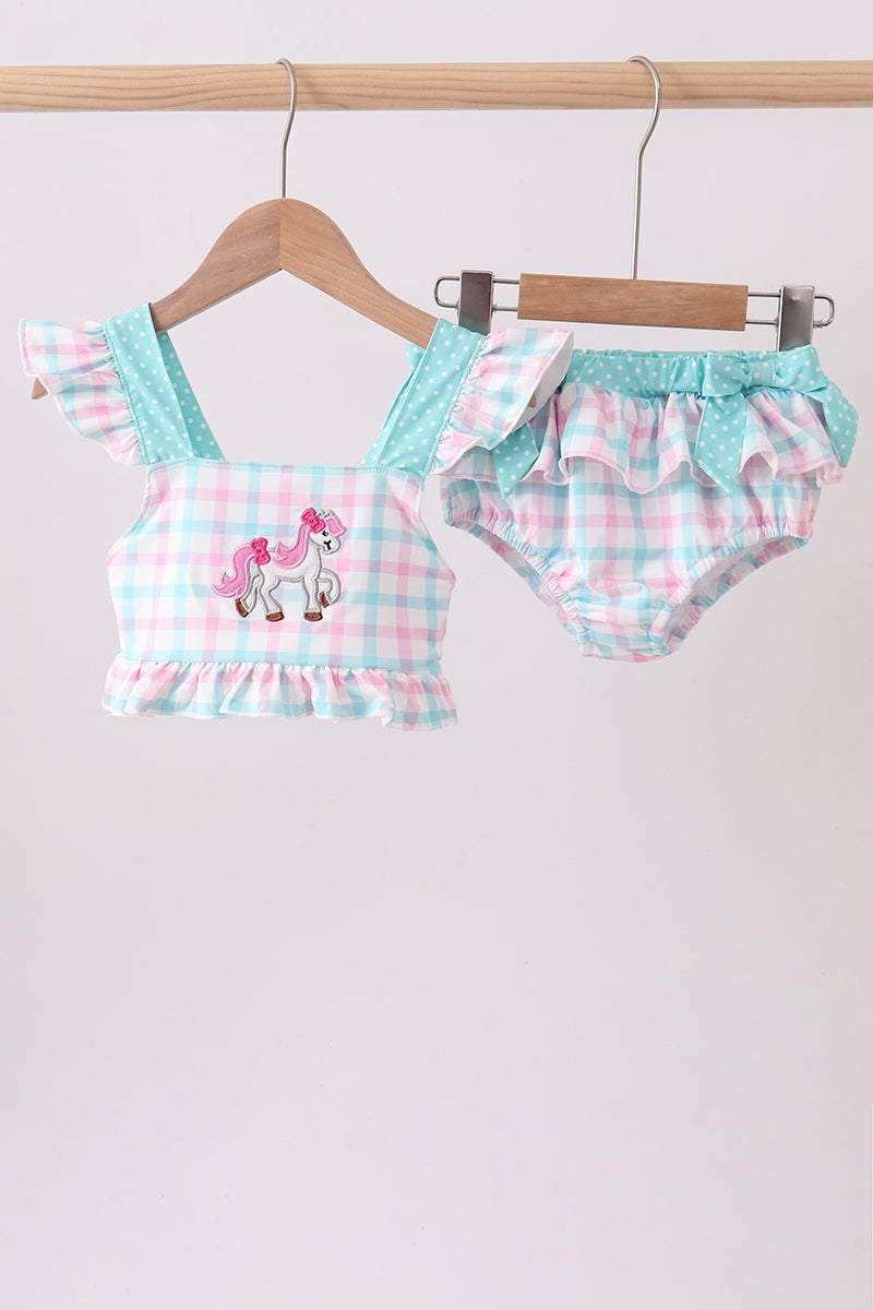 Green plaid horse applique 2pc swimsuit - ARIA KIDS