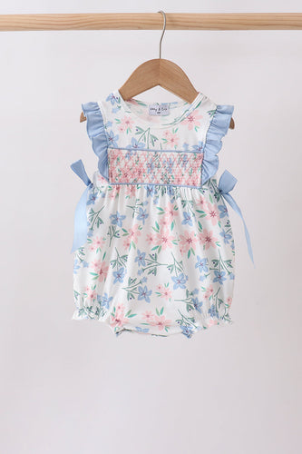 Blue Floral Smocked Ruffle Bubble - ARIA KIDS