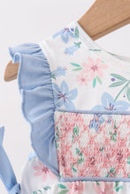 Blue Floral Smocked Ruffle Bubble