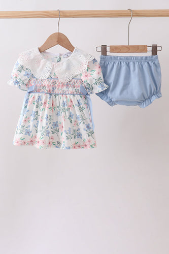 Blue Floral Smocked Ruffle Bloomer Set - ARIA KIDS