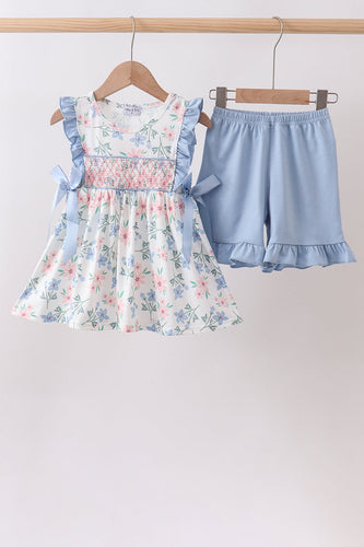 Blue Floral Smocked Ruffle Set - ARIA KIDS