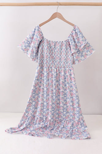 Blue Floral Smocked Women Dress - ARIA KIDS