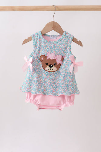 Green Bear Floral Applique Bubble - ARIA KIDS