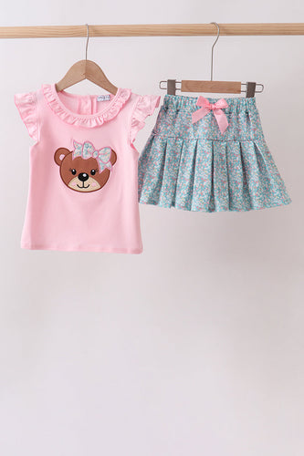 Pink Bear Floral Applique Skorts Set - ARIA KIDS