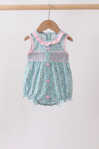 Green Floral Smocked Bubble - ARIA KIDS
