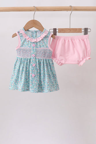 Green Floral Smocked Bloomer Set - ARIA KIDS