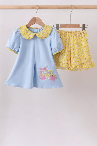 Blue Bus Floral Applique Ruffle Set - ARIA KIDS