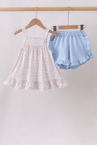 Blue Floral Print Ruffle Shorts Set - ARIA KIDS