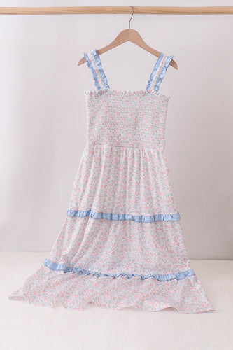 Blue Floral Smocked Mom Tiered Dress - ARIA KIDS