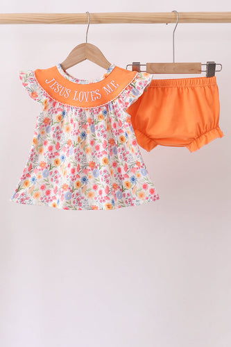 Coral Jesus Loves me Embroidered Floral Bloomer Set - ARIA KIDS