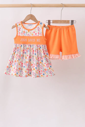Coral Jesus Loves me Embroidered Floral Shorts Set - ARIA KIDS