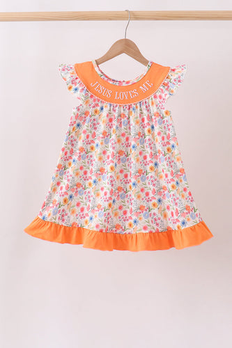 Coral Jesus Loves me Embroidered Floral Ruffle Dress - ARIA KIDS