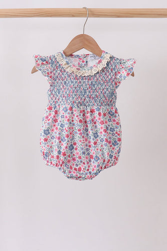 Blue Floral Smocked Ruffle Bubble - ARIA KIDS
