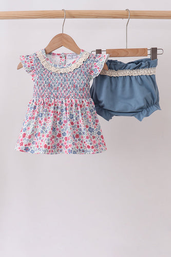 Blue Floral Smocked Ruffle Bloomer Set - ARIA KIDS