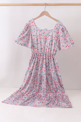 Blue Floral Print Mom Dress - ARIA KIDS