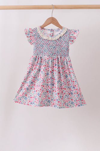 Blue Floral Smocked Ruffle Dress - ARIA KIDS