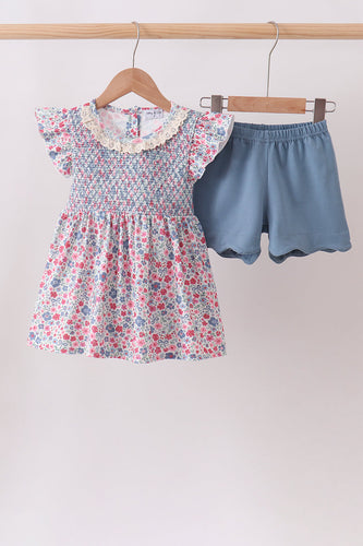 Blue Floral Smocked Scalloped Shorts Set - ARIA KIDS