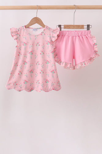 Pink Floral Ruffle Shorts Set - ARIA KIDS