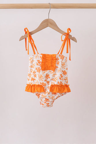 Orange Floral Print Ruffle Swimsuit - ARIA KIDS