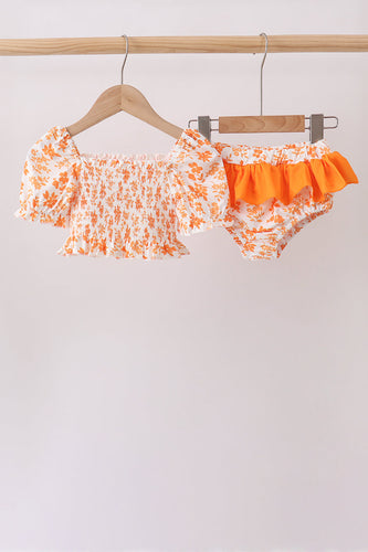 Orange Floral Smocked 2PC Ruffle Swimsuit - ARIA KIDS