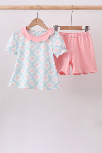 Pink Floral Bow Print Scalloped Shorts Set - ARIA KIDS