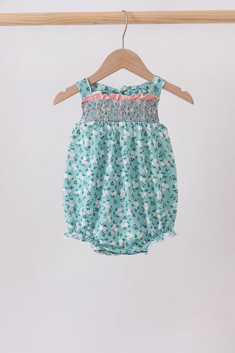 Green Floral Smocked Ruffle Bubble - ARIA KIDS