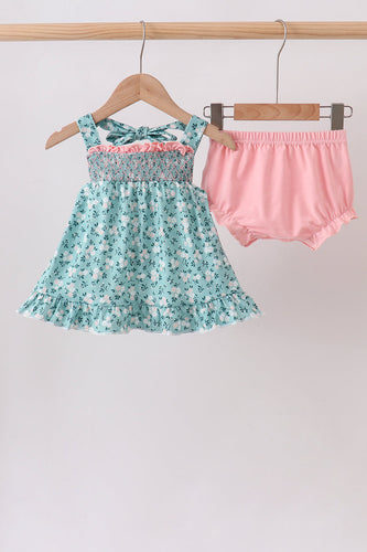 Green Floral Smocked Ruffle Bloomer Set - ARIA KIDS
