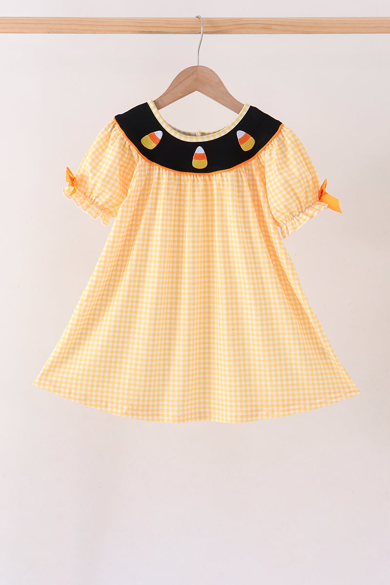 Mustard Candy Embroidery Gingham Dress - ARIA KIDS