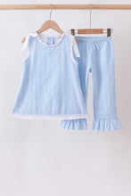 Blue Jacquard Lace Ruffle Pants Set