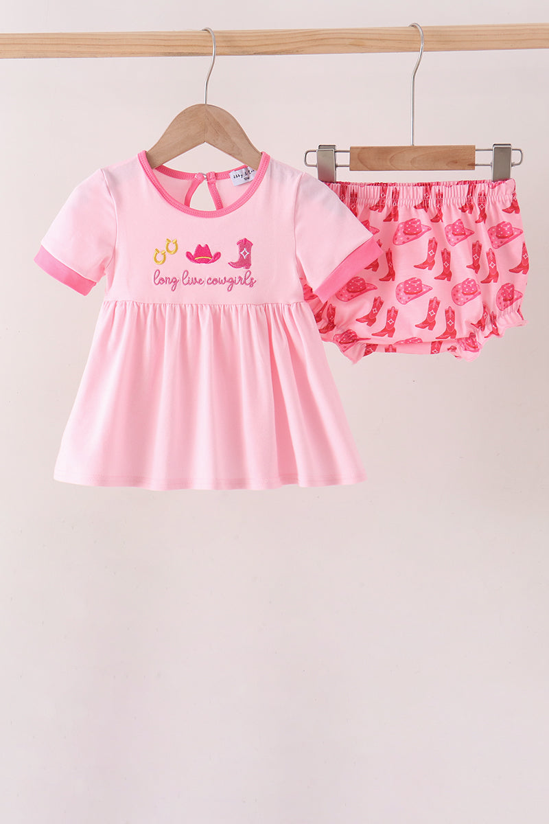Pink Cowgirl Boots Embroidery Bloomer Set - ARIA KIDS