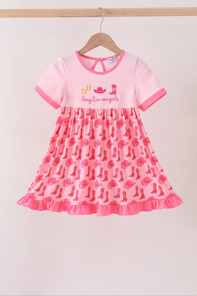 Pink Cowgirl Boots Embroidery Dress - ARIA KIDS