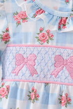 Blue Bow Smocked Floral Gingham Bubble