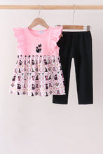 Pink Cat Embroidery Ruffle Pants Set