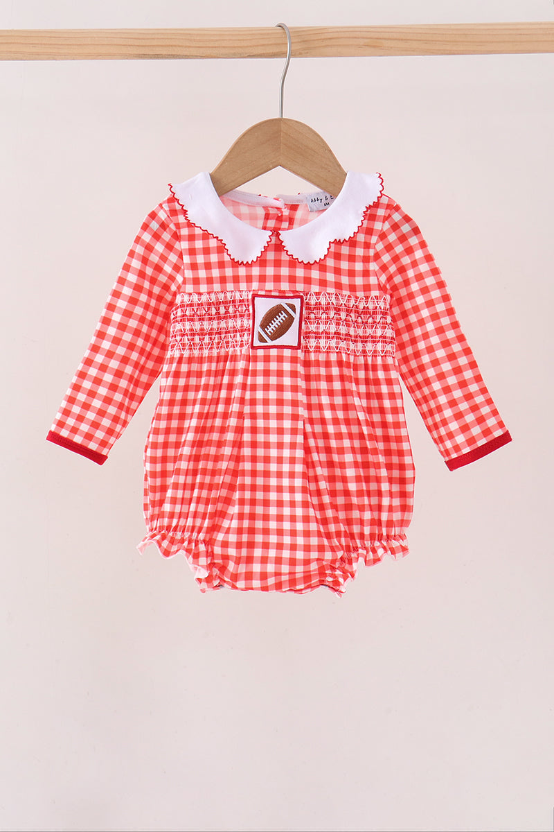 Red Football Smocked Gingham Bubble - ARIA KIDS