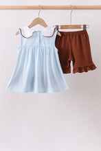 Blue Stripe Football French Knot Ruffle Shorts Set