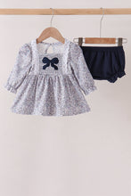 Navy Floral Bow Smocked Bloomer Set
