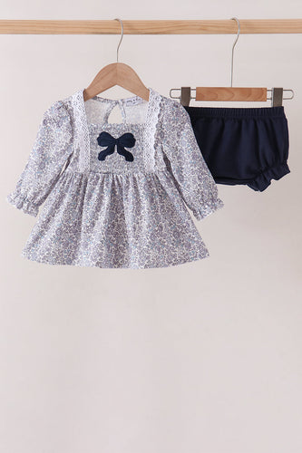Navy Floral Bow Smocked Bloomer Set - ARIA KIDS