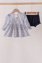 Navy Floral Bow Smocked Bloomer Set