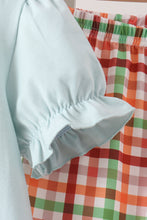 Blue Puppy Pumpkin Embroidery Gingham Ruffle Pants Set