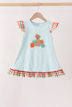 Blue Puppy Pumpkin Embroidery Gingham Ruffle Dress