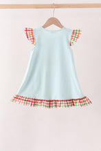 Blue Puppy Pumpkin Embroidery Gingham Ruffle Dress