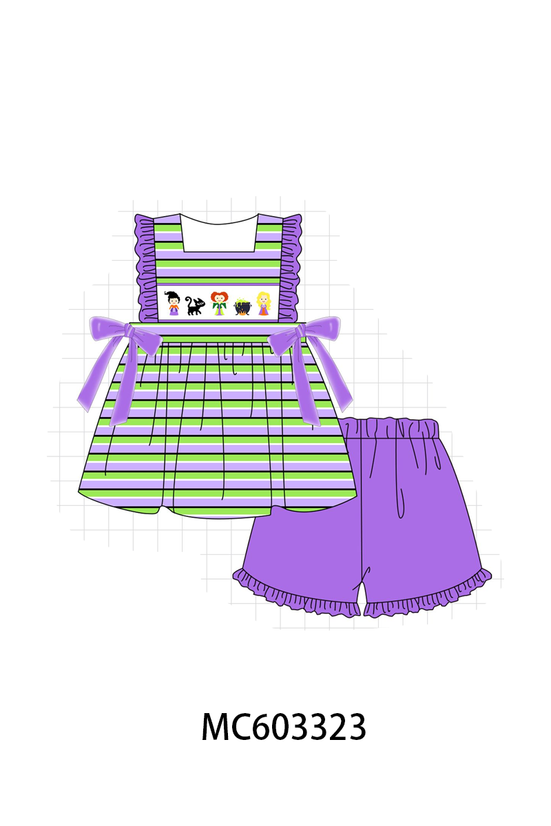 Purple witch embroidery stripe ruffle shorts set