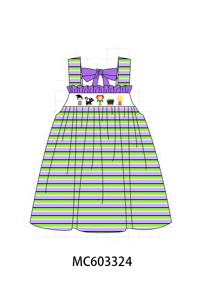Purple witch embroidery bow stripe dress