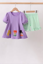 Purple witch applique stripe ruffle shorts set - ARIA KIDS