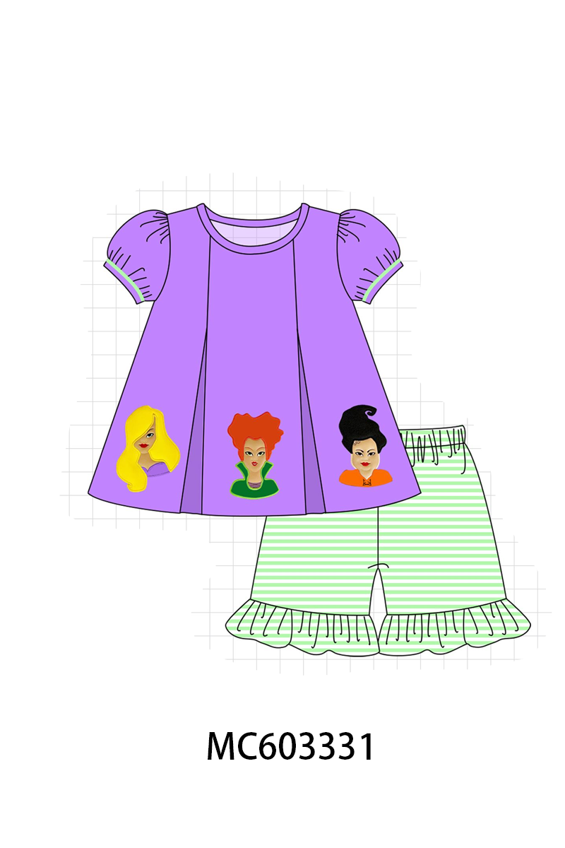 Purple witch applique stripe ruffle shorts set